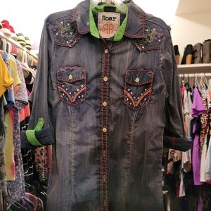ROAR size small rhinestone button up shirt